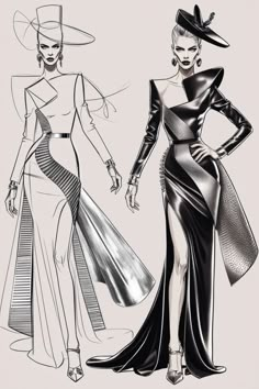 two women in evening gowns and hats, one wearing a dress with long sleeves