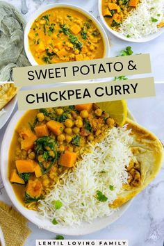 Sweet potato and chickpea curry in white bowl and served on a plate with rice and naan.