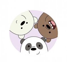 three cartoon panda bears with different expressions on their faces, one is brown and the other is white