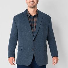 Tailored in a classic navy hue, this men's sport coat from the Stafford's big and tall men's collection is designed from a woven stretch-linen brend for comfort and flexibility. Cut in a single-breasted silhouette, it has notch lapels, a lined interior, and side and interior pockets for your essentials. Pair it with a t-shirt, jeans, and sneakers for a casual, suited look.Front Style: Single BreastedFeatures: Stretch Fabric, LinedClosure Type: ButtonFit: Regular FitPockets: 1 Inside Button Pocke Sport Coat Outfit, Mens Blazers, Big Shorts, Mens Sport Coat, Sport Coats, Blazers For Men, Navy Pants, Tall Guys, Mens Big And Tall