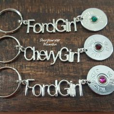 Ford Girl and Chevy Girl 12 Gauge Shotgun Shell Keychains by Gunpowder Woman www.etsy.com/shop/gunpowderwoman country girl bullet jewelry camo hunting browning realtree mossy oak Hanging Medals, Car Organization Diy, Bullet Crafts, Ford Girl, Horseshoe Projects, Chevy Girl, Dream Trucks