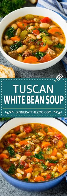 two bowls of tuscann white bean soup with bread on the side