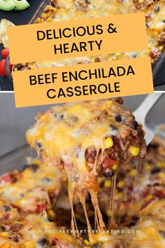 Person serving a piece of beef enchilada casserole. Easy Beef Enchilada Casserole, Mexican Lasagna With Tortillas, Creamy Refried Beans, Beef Enchilada Casserole, Easy Comfort Food Dinners, Flexitarian Recipes, Beef Enchilada, Mexican Flavors, Best Beef Recipes