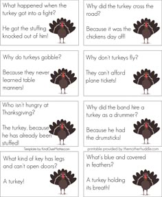 four different thanksgiving cards with turkeys and words in the same language, one has an orange