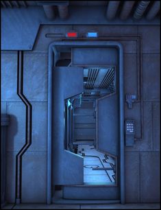 the interior of a sci - fi space station, looking down at the hallway and door