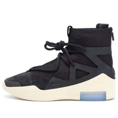 The Nike Air Fear Of God 1 'Black' is a truly unique performance basketball shoe. Featuring a brand new last made specifically for this model, the Air Fear of God 1 'Black' is constructed with a minimalist black leather upper and TPU cage, inspired by the Huarache Light. The cup sole is crafted from contrasting white with a double-stack Zoom heel unit, providing unrivaled support and comfort on the court. (SNKR/Retro/Basketball) Nike Air Fear Of God, Retro Basketball, Fear Of God, The Court, Basketball Shoes, Nike Air, Leather Upper, Basketball, Black Leather