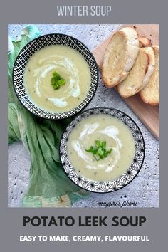 two bowls of potato leek soup with bread on the side