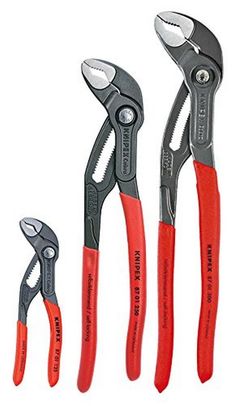 three pliers and two wrenches are shown with red handles, one is open and the other has black handles