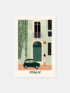 a green car parked in front of a building with the word italy written on it