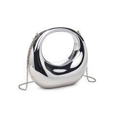 Our acrylic evening bag is the perfect accessory for any fashion-forward individual. The chrome design with a structured shape and top handle is both modern and elegant, while the snap frame closure keeps your belongings secure. The unlined interior allows you to showcase your fashion sense, and the included extra chain strap provides versatility. ﻿THE GOLD CHROME EVENING BAG CAN BE FOUND HERE. Material: Acrylic Closure: Snap Exterior Details: Top Handle, Structured Shape Interior Details: Unlin Chic Silver Handheld Shoulder Bag, Trendy Metal Shoulder Bag For Evening, Trendy Metal Evening Bag, Trendy Metal Evening Bags, Trendy Evening Metal Bags, Modern Bags With Chain Strap For Gift, Modern Bags With Chain Strap As Gift, Trendy Metal Shoulder Bag For Party, Modern Shoulder Bag With Round Handle