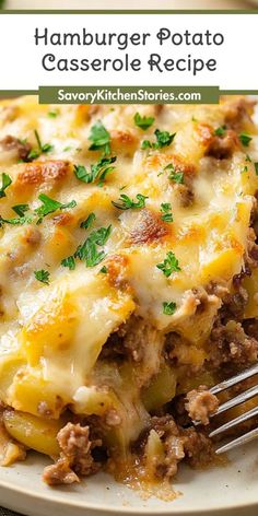 hamburger potato casserole recipe on a plate with a fork