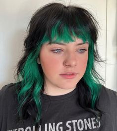 Dark Green Color Block Hair, Black Hair Green Underneath, Blue And Green Color Block Hair, Short Blue Green Hair, Dyed Fringe Bangs, Green Tipped Hair, Black Hair With Color Block, Black Hair Green Bangs, Black And Colored Hair Short