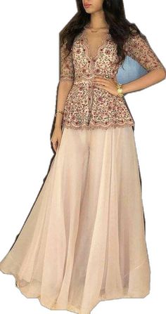 Peplum Top Indian, Reception Bride Dress, Garara Suit, Wedding Dress Reception, Gharara Pants, Scalloped Blouse, Reception Bride, Embellished Wedding Dress, Breezy Outfit