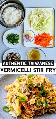 this is an image of some food on a plate with the words authentic taiwanese vermicelli stir fry