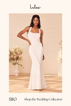 a woman in a white dress with the words shop the wedding collection