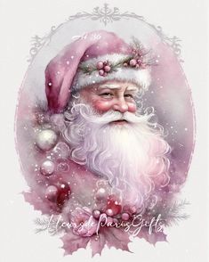 a watercolor painting of santa claus wearing a pink hat and holding a christmas ornament