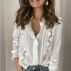 New Boutique Boho White Lace Long Sleeve Blouse Button Front Fits True To Size Measurement Chart In Photos Above 10% Off 2+ Item Bundles ”Buy Now” Or “Add To Bundle” To Purchase If You Love Free People, Johnny Was Or Anthroplogie Style - Check Out Our Closet! Boho Lace Blouse, Summer Festival Birthday Date Night Cruise Bohemian Vintage Flirty Hippie Bohemian Chic Trendy Coverup Beach Tropical Vacation Coachella Summer Outfit, Summer Lace Dress Blogger Style Zara Lace Blouse Birthday Date Night C White V-neck Blouse With Buttons, Chic White Blouse With Buttons, White V-neck Blouse With Button Closure, Chic White Blouse With Button Closure, White Buttoned Blouse For Day Out, White Blouse With Button Closure For Spring, White Button Blouse For Day Out, White Blouse With Buttons For Day Out, Feminine White Tops With Button Closure