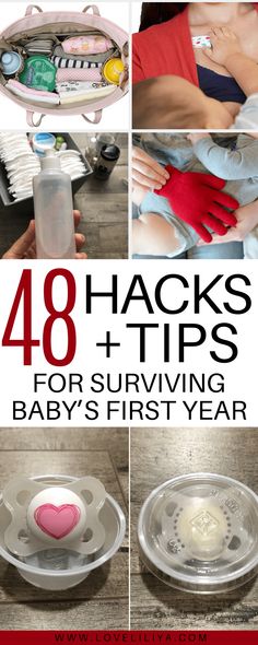 the cover of 40 hacks for first time moms, with pictures of various items