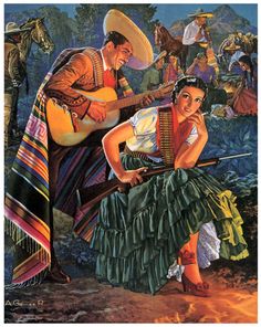 a painting of a man and woman playing the guitar