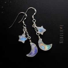 Natural rainbow moonstone crescent moon and star crystal dangle earrings in 14k gold/rose gold filled or 925 sterling silver, Celestial crystal earrings, June birthstone gemstone, Gemini zodiac gift idea for her, 3rd wedding anniversary jewelry ◦ These dangle earrings come with genuine high-quality rainbow moonstone briolettes wrapped onto 14k gold/rose gold filled or 925 sterling silver hooks ◦ Stones are 12mm (moon) and 8mm (star) in size however these are all-natural so please do expect some Celestial Crystal Earrings With Moon Charm As Gift, Celestial Crystal Earrings As Gift, Celestial Moonstone Earrings With Moon Phase, Nickel-free Celestial Moonstone Earrings, Celestial Moonstone Earrings With Moon Charm, Moonstone Dangle Jewelry With Moon Charm, Crescent Moon Jewelry, 3rd Wedding Anniversary, Celestial Crystal