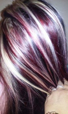 Red And White Highlights Hair, Deep Cherry Red Hair, Crimson Red Hair, Calico Hair, Berry Tones, Highlight Hair, Cherry Red Hair, Plum Hair