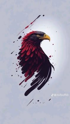 an eagle with red and black feathers on it's head is flying in the sky