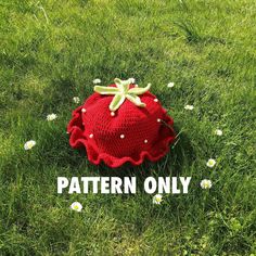 a knitted strawberry hat with the words pattern only written on it in white letters