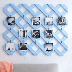 a blue wall hanging with pictures on it