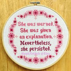 a cross - stitch pattern with the words she was married, she was given an explanation, and her prehised