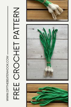 three pictures showing how to make a crocheted green and white tassell