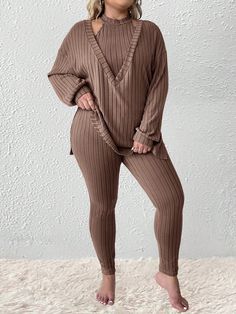 Plus Size Spring & Fall Casual Knit Ribbed Long Sleeve Top And Pants 2pcs Suit Khaki Casual    Plain  Medium Stretch  Women Plus Clothing, size features are:Bust: ,Length: ,Sleeve Length: Solid Color Loungewear Set For Fall, Stretch Ribbed Winter Set, Ribbed Stretch Sets For Winter, Ribbed Stretch Winter Sets, Winter Ribbed Stretch Sets, Long Sleeve Loungewear Two-piece Set, Ribbed Loungewear Sets For Winter, Winter Ribbed Loungewear Sets, Solid Ribbed Winter Sets