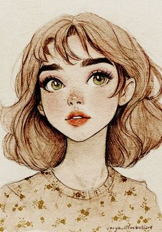 a drawing of a girl with brown hair and green eyes