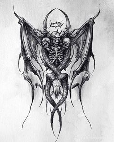 a black and white drawing of a bat with skulls on it's wings, in front of a full moon