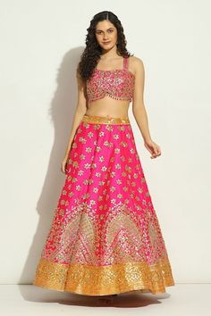 Fuchsia, burnt orange colorblock attached cancan lehenga with gota embroidery in floral pattern. Paired with spaghetti padded blouse and scallop border embroidered dupatta. - Aza Fashions Pink Fitted Dress With Motifs, Party Pink Choli With Motifs, Pink Party Choli With Motifs, Beautiful Dresses Short, Dupion Silk, Sweetheart Neck, Silk Embroidery, Bridal Lehenga, Burnt Orange