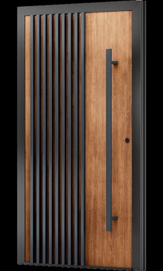 a wooden door with black slats on it