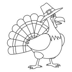 a turkey wearing a pilgrim hat and holding a large bird's tail in his hand