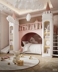 a child's bedroom decorated in pink and white with a bed, bookshelf, teddy bear and toys