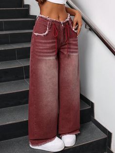 Women's Fashionable Loose Long Denim Pants With Frayed Lace-Up Waistband Red Casual   Denim Plain Wide Leg Non-Stretch  Women Clothing, size features are:Bust: ,Length: ,Sleeve Length: Patchwork Jeans Outfit, Fancy Pants Outfit, Long Denim Pants, Baggy Jeans For Women, Street Style Outfits Casual, Maxi Pants, Moda Denim, Shein Icon