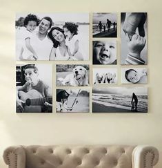 black and white photo collage with many pictures on the wall in front of it