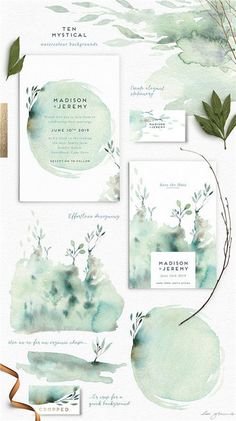 watercolor wedding stationery set with greenery and leaves on the front, in shades of green