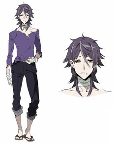 an anime character with purple hair and black pants, standing in front of a white background