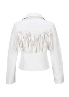 Make a sleek and edgy statement in this buttery-soft jacket that is made out of white faux leather. Classic biker style is updated with a western twist with swishy fringe that cascades down the front and back of this faux-leather jacket. The jacket also features statement notch lapels, front zipper closure and long sleeves. Available in sizes S, M and L. Made out of 100% polyurethane. Layer in western style in this stunning white fringe jacket! Chic Leather Jacket With Fringe, Chic Long Sleeve Leather Jacket With Fringe, Chic Long-sleeve Leather Jacket With Fringe, Chic Leather Jacket With Fringe And Long Sleeves, Fitted Spring Outerwear With Tassels, Fitted Outerwear With Tassels For Spring, White Tasseled Outerwear For Spring, White Spring Outerwear With Tassels, Long Sleeve Biker Jacket With Fringe For Spring