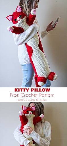 a woman is holding a crocheted red and white stuffed animal in her arms with text that reads, long kitty pillow free crochet pattern