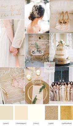 wedding color palettes with gold, white and champagne colors for the bride's dress