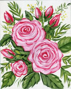 a painting of pink roses with green leaves