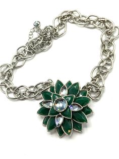 Gorgeous collectible green and silver tone necklace by Lia Sophia with large flower. Green Metal Flower Jewelry, Green Metal Flower-shaped Jewelry, Green And Silver, Lia Sophia, Enamel Flower, Pink Beads, Silver Spring, Large Flowers, Flower Necklace