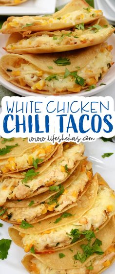 white chicken chili tacos with cilantro and parsley on top, served on a plate