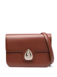 brown logo plaque polished finish foldover top main compartment single shoulder strap Luxury Brown Flap Bag, High-end Brown Flap Shoulder Bag, High-end Brown Satchel Flap Bag, High-end Brown Shoulder Flap Bag, High-end Brown Shoulder Bag With Gold-tone Hardware, High-end Brown Business Shoulder Bag, Cognac Rectangular Bag With Turn-lock Closure, Timeless Luxury Everyday Bag With Flap, High-end Brown Flap Bag With Detachable Strap