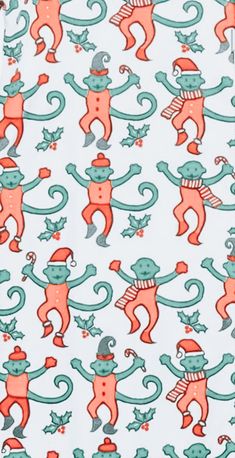 a white background with red and green monkeys on it's side, all over