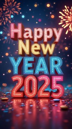 happy new year and fireworks on the dark blue background with colorful lights in the shape of numbers